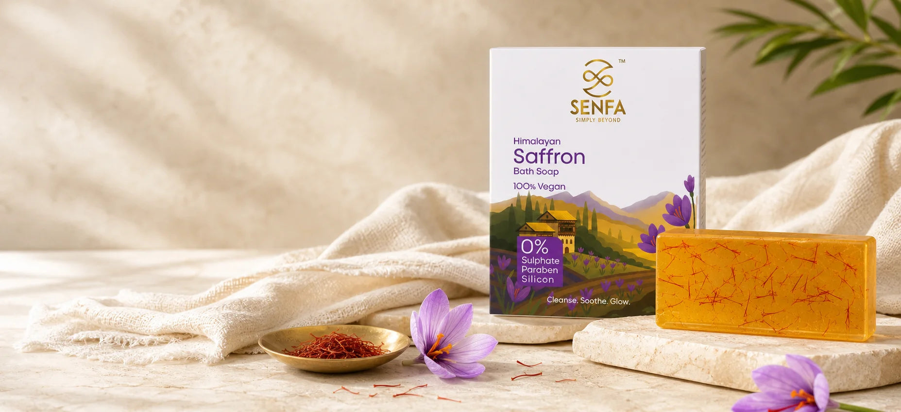 Senfa Himalayan Saffron Bath Soap with saffron threads and saffron flowers