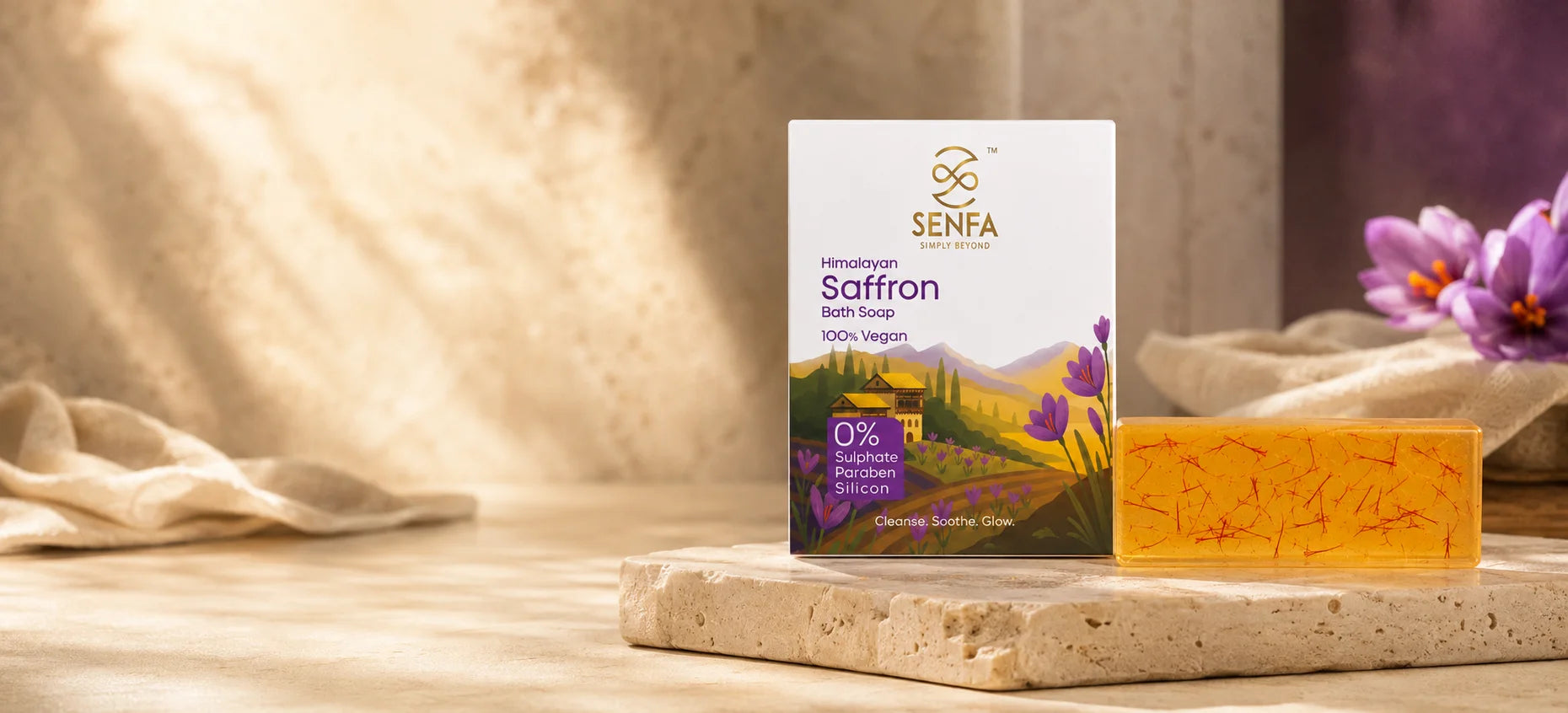 Senfa Himalayan Saffron Bath Soap with saffron flowers